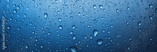 Clear Water Drops Pattern. Raindrops On Glass On Blue Background. Generative AI