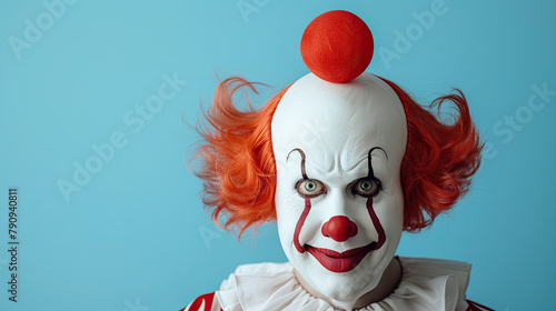 Happy clown ,with copy space, on pastel blue background