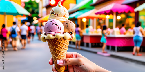Female hand holding an ice cream cone, social media style photo, food and travel destination concept,, blur background