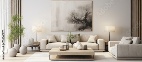 White furniture in living room with large painting
