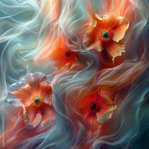 Шdesign of beautiful flowers with glowing edges and highlights, light blue, orange and white colors, dreamy and ethereal atmosphere, fantasy, detailed.  © Sergei