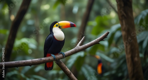 Toucan tropical bird sitting on a tree branch in natural wildlife environment in rainforest jungle