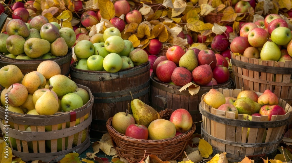 A colorful array of freshly picked apples and pears arranged in rustic baskets against a backdrop of golden autumn leaves.