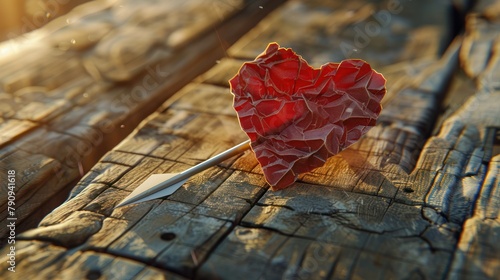 An arrow piercing a heart-shaped piece of paper, with the paper pinned to a wooden board and the arrow sticking out at an angle. 