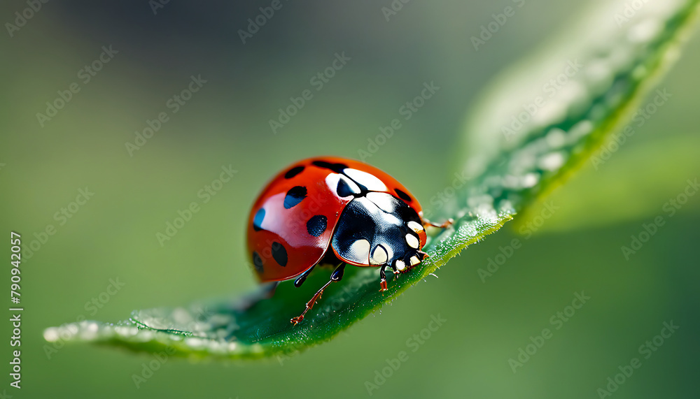 Close up macro photography of a stunning red ladybug on a beautiful green out of focus background