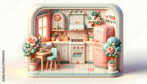 Retro Kitchen with Pastel Colors and Classic Rose Arrangement - Vintage Vibes 3D Icon for Nostalgic and Relaxing Atmosphere in Realistic Interior Design with Nature Concept