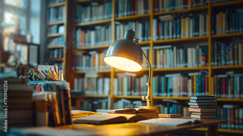 Cozy Library Corner with Desk Lamp Illuminating Books photo