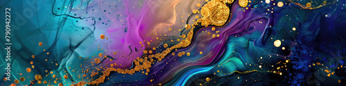 Abstract painting featuring vibrant gold and blue colors blending and swirling together in a dynamic and expressive composition photo