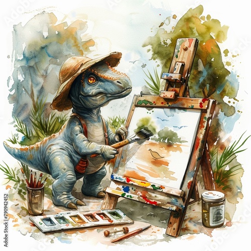 Cartoon dinosaur painter, creating a mural of the Cretaceous period, rendered in watercolors on white photo