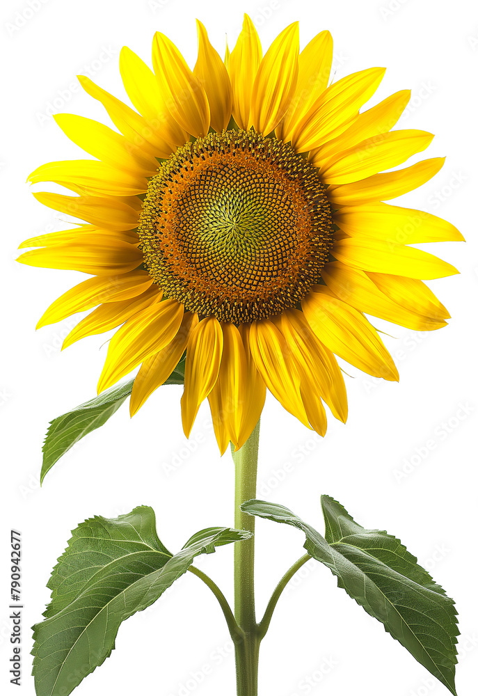 Obraz premium Sun flower with leaves isolated on transparent background with png file. Best for greeting cards and holiday wishes.