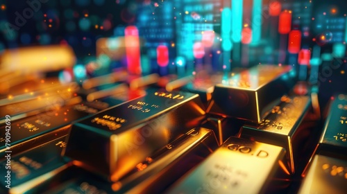 Vibrant image of gold bars with a holographic stock market chart rising above them, illustrating wealth accumulation and financial strategies, moody lighting #790942699