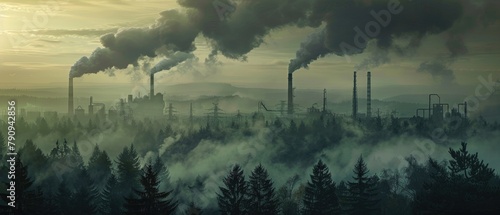 Smoke plumes from towering industrial chimneys overcasting a nearby green forest, serving as a visual plea for the enforcement of carbon taxes to safeguard natural ecosystems, moody lighting photo