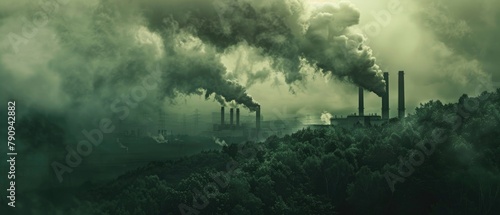 Smoke plumes from towering industrial chimneys overcasting a nearby green forest, serving as a visual plea for the enforcement of carbon taxes to safeguard natural ecosystems, moody lighting photo