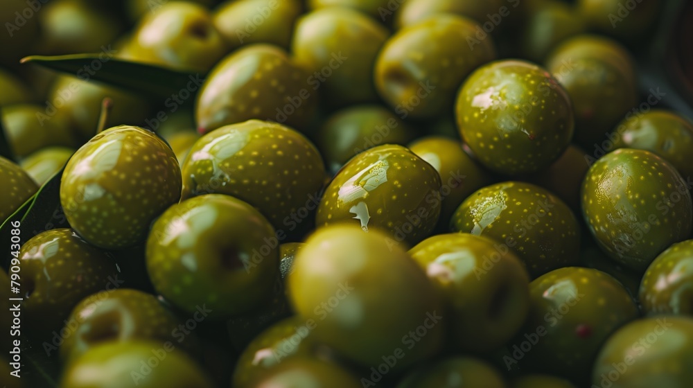 Close up background of heap of green olives, top view, banner, green texture background Close up background of heap of green olives, top view, banner, green texture background