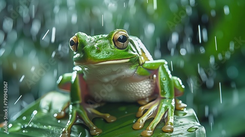 Curious Green frog hiding in green background leafs in tropical rainy forest