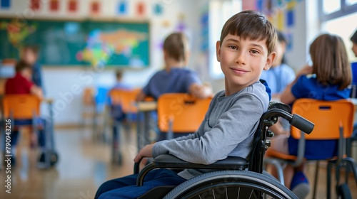 Portrait of special happy child on wheelchair in classroom background, disability kid concept.