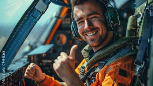 Portrait of smiling professional male airline pilot preparing for flight sitting in cockpit photo