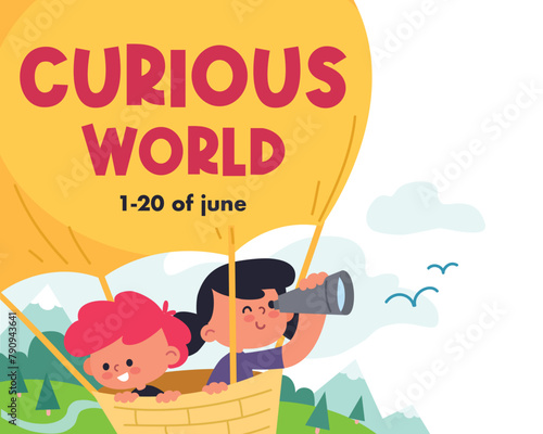 Children soaring, flying in hot air balloon, above ground, looking through telescope. Kids friends adventure activities, traveling activity around world, exploring new places, passionate, enthusiastic