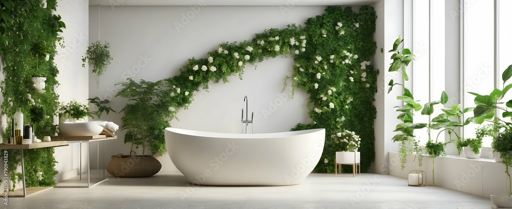 Serene Botanical Bathroom with Wall-Mounted Planters and Jasmine Vine in Realistic Interior - Nature Photography Concept for a Lush, Invigorating Environment