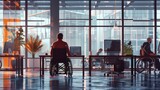 Young disabled business people in wheelchair working at office, accessibility, independence concept