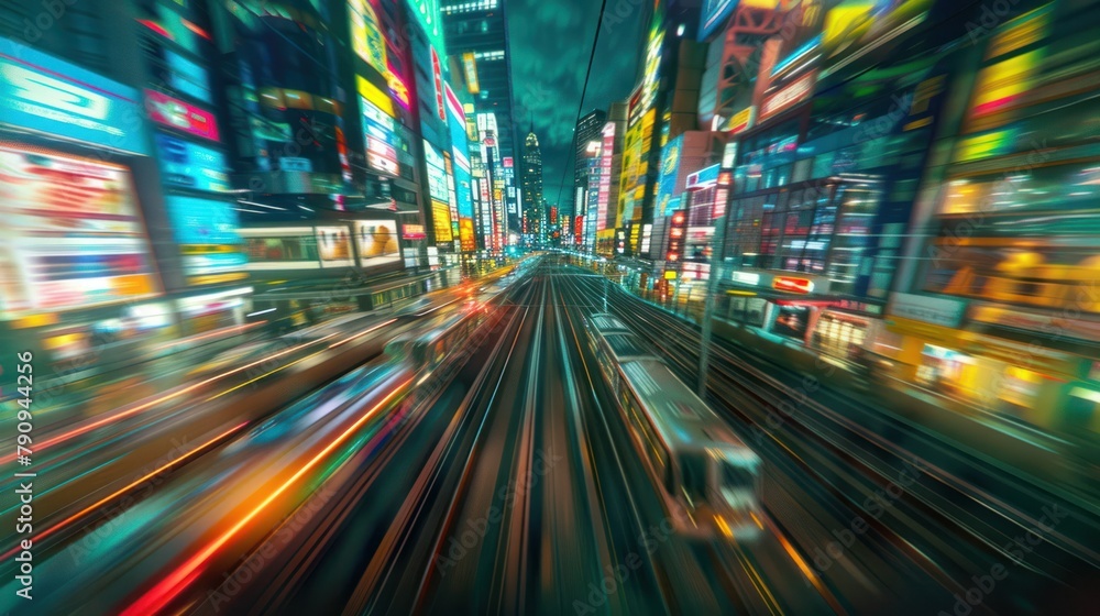 Feeling the rush of adrenaline as a high-speed train accelerates through a vibrant city, the cityscape blurring into a kaleidoscope of colors and movement. Feeling the rush of adrenaline as a high-speed train accelerates through a vibrant city, the cityscape blurring into a kaleidoscope of colors and movement.