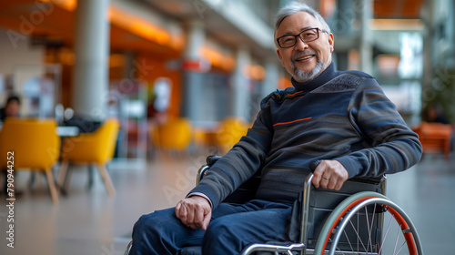 Joyful handicapped Asian senior man in wheelchair smiling and looking at camera