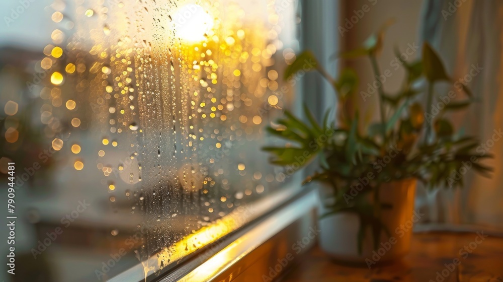 A cozy window view of raindrops trickling down the glass pane, creating a soothing ambiance for indoor reflection. A cozy window view of raindrops trickling down the glass pane, creating a soothing ambiance for indoor reflection.