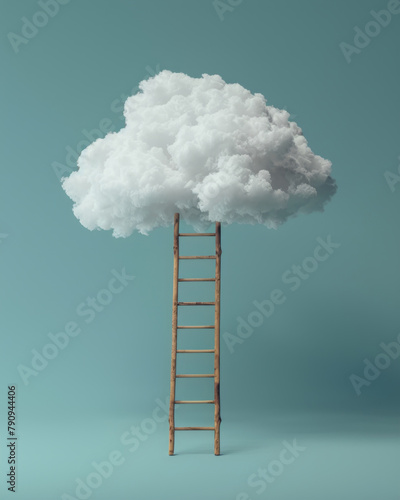 Immagine concettuale di una scala di legno che si estende in una grande nuvola simile al cotone Scala a gradini che conduce a una nuvola. Concetto di crescita, futuro, sviluppo. sfondo azzurro