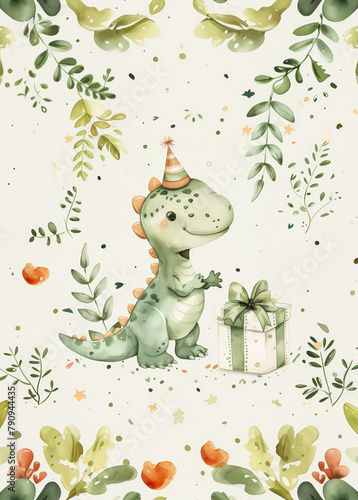 Creative colorful design invitation card Dinosaur with presents having party time celebration.