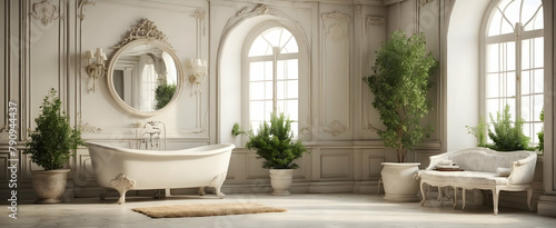 Serene French Provincial Bathroom with Vintage Fixtures and Rustic Charm in Realistic Interior Design with Nature Elements