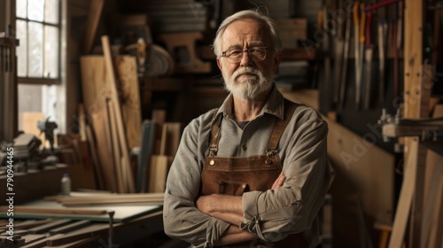 Portrait of successful senior man in eyeglasses standing in his carpentry workshop. Proud carpentry workshop owner standing with his arms crossed.