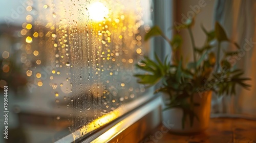 A cozy window view of raindrops trickling down the glass pane, creating a soothing ambiance for indoor reflection."