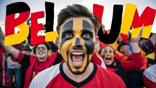 Excited Belgium Football fan with face painted enjoying in the stadium, behind Belgium text written.