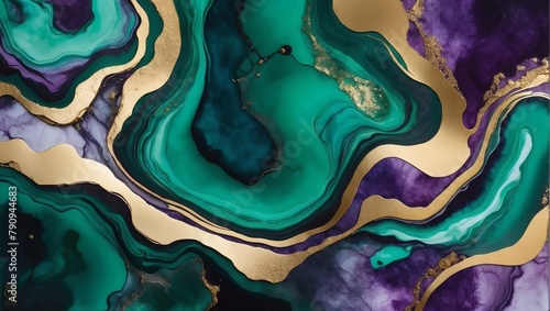 Opulent fusion, Emerald green and deep purple alcohol ink with golden accents, resembling a marble-textured earthly landscape. photo