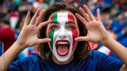 Excited Italy Football fan with face painted enjoying in the stadium.