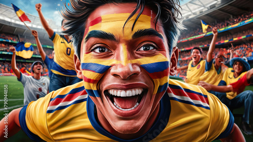Front view Excited Colombia Football soccer fan with face painted enjoying in the stadium.