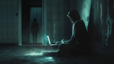 Hacker with computer in hoodie sitting on floor with laptop, dark background