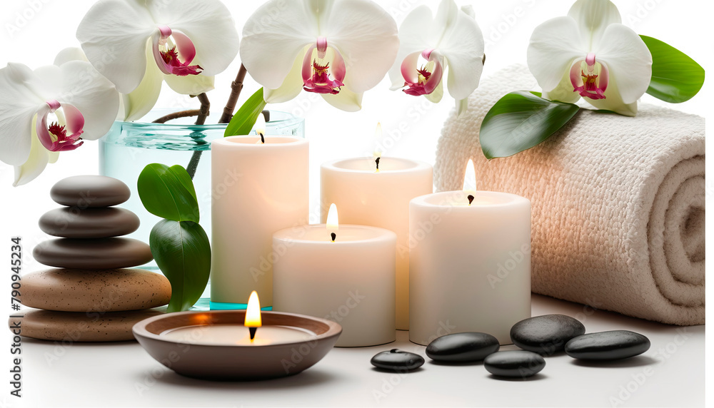 skin care spa set, decoration, candle and towels, oil bottle and green leaves and blossoms. Generative AI,
