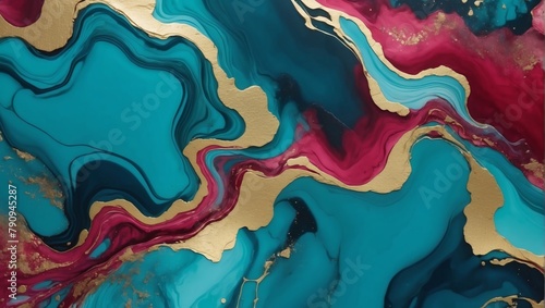 Opulent liquid fusion, Royal teal and ruby red alcohol ink with golden paint strokes, evoking the allure of a twilight sky over water on marble veining.