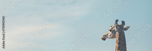 Giraffe with his head in the clouds, a clear blue sky during a bright daytime, minimalist background 