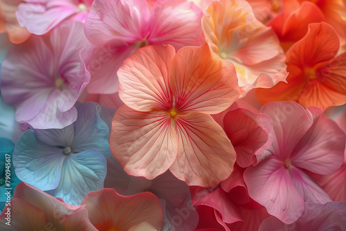 Luminous close-up of diverse Geranium petals radiating a gradient of warm to cool tones. © InkCrafts