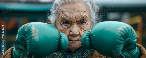 Feisty Elderly Irish Woman Displaying Fists in Green Boxing Gloves Embodying Power and Positivity in Aging photo