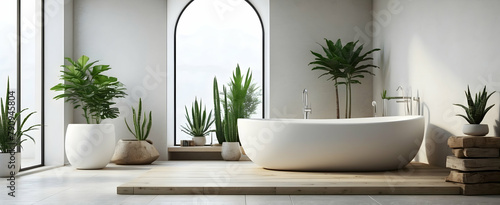 Minimalistic Nordic Bathroom with Aloe Plant - Realistic Interior Design for Serene Calm with Nature Elements