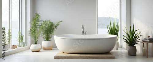 Minimalist Scandinavian Bathroom with Potted Aloe for Serene Atmosphere - Realistic Interior Design with Nature Elements