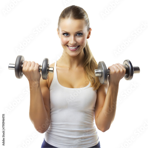 Fit young woman lifting dumbbells with enthusiasm and joy
