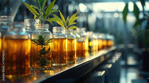 Cannabis laboratory, Medical CBD oils from marijuana plant, alternative herbal medicine concept, banner, copy space photo