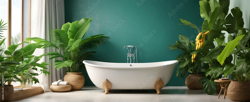 Vibrant Tropical Bathroom with Banana Leaf Plant: Realistic Interior Design for a Relaxing Getaway Vibrant Tropical Bathroom with Banana Leaf Plant: Realistic Interior Design for a Relaxing Getaway