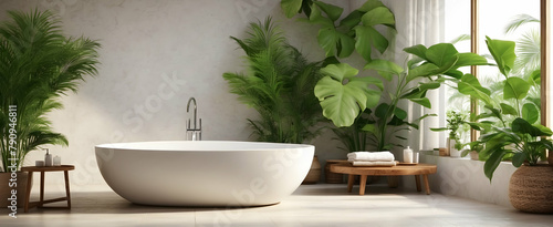 Minimalist Tropical Bathroom Oasis with Teak Stool and Vibrant Flora  Realistic Interior Design with Nature - Stock Photo Concept