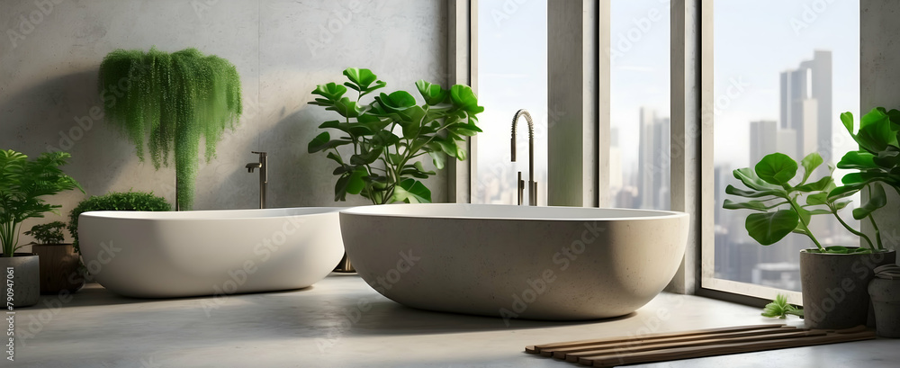 City Oasis: Modern Bathroom with Concrete Accents and Green Succulent Plant for a Relaxing Urban Sanctuary - Interior Design Concept City Oasis: Modern Bathroom with Concrete Accents and Green Succulent Plant for a Relaxing Urban Sanctuary - Interior Design Concept