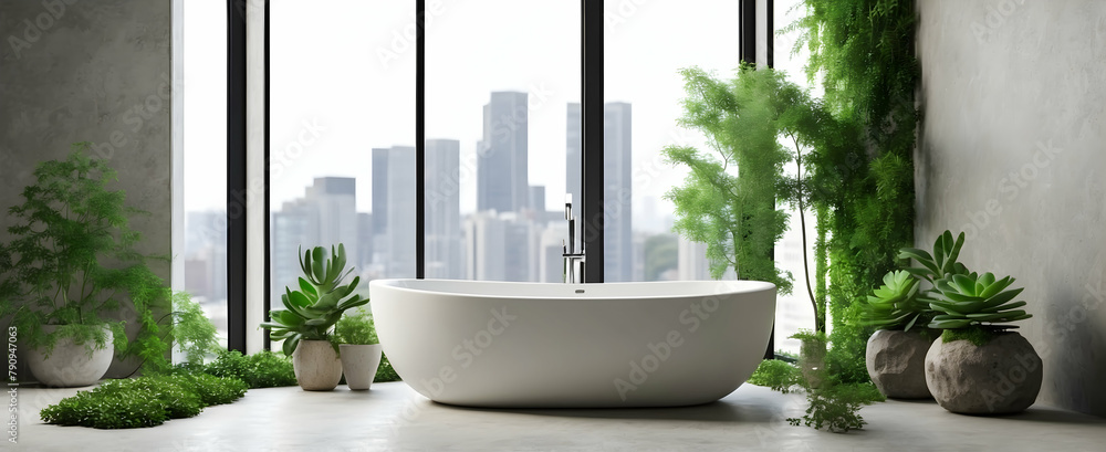 Minimalistic Urban Spa: Concrete Accents and Green Succulent in Realistic Bathroom Interior Design with Nature Concept Minimalistic Urban Spa: Concrete Accents and Green Succulent in Realistic Bathroom Interior Design with Nature Concept